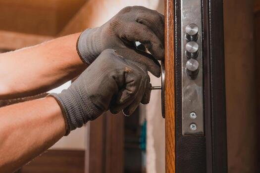 Locksmith repairing a residential door lock in Suffern, NY